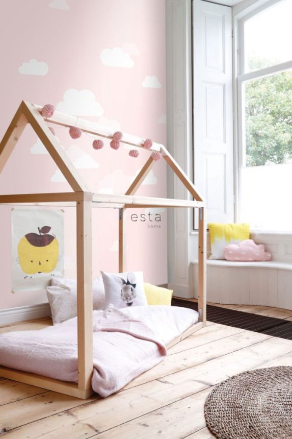 Vlies rosa Kindertapete mit weißen Wolken 158843, 1,86 x 2,79 m, Little Bandits, Esta