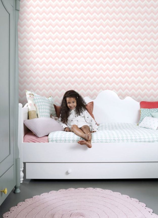 Weiß-rosa Vliestapete für die Wand, geometrisches Zickzack-Muster 128857, Little Bandits, Esta