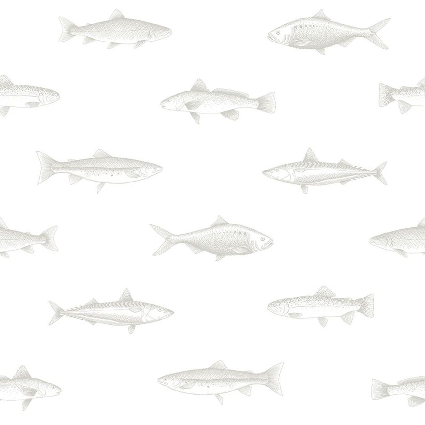Weiße Vliestapete mit silbernen Fischen 138966, Regatta Crew, Esta