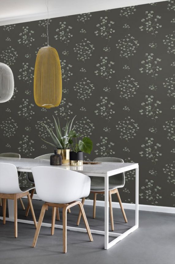 Dunkelgraue Tapete mit blühenden Zweigen, Vliestapete 148737, Blush, Esta Home
