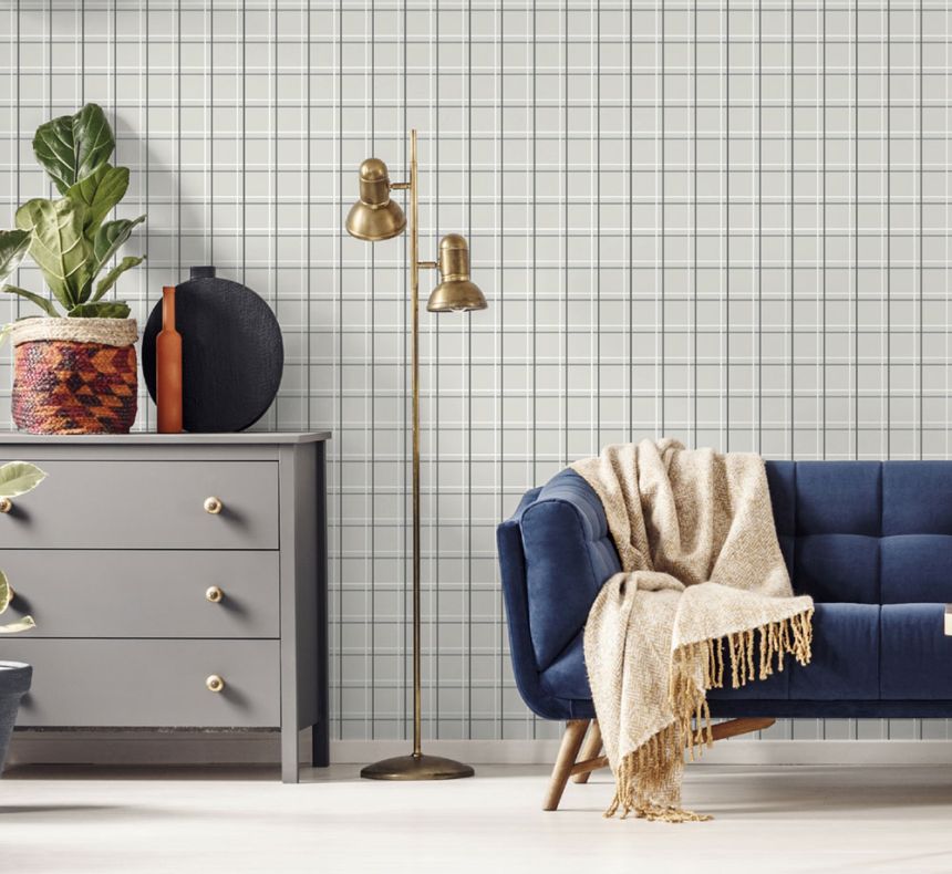 Türkise Tapete mit geometrischem Muster, Schottenkaro 6505-1, Batabasta, ICH Wallcoverings