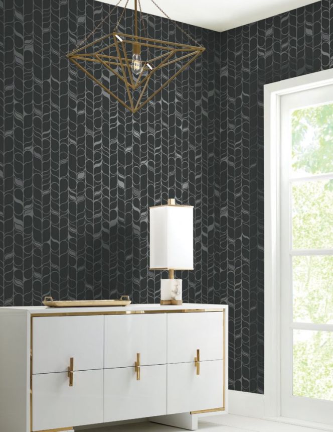 Schwarz-silberne Tapete, Blätter OS4205, Modern Nature II, York